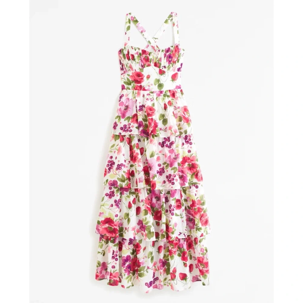 New Abercrombie & Fitch Lace-Up Back Tiered Maxi Dress in Pink Floral Small